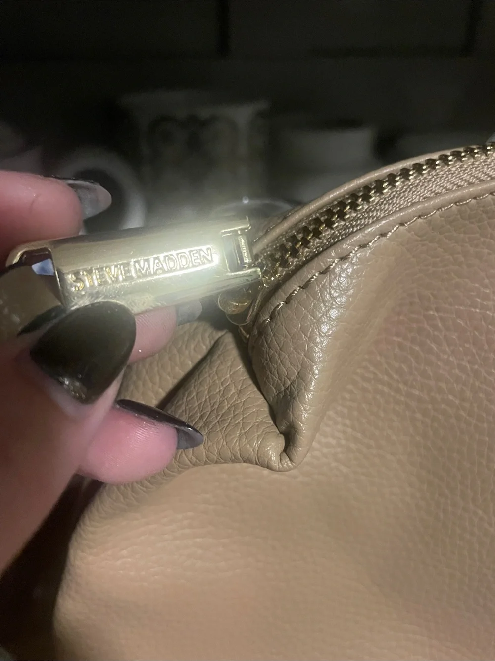 Steve Madden Beige Pebbled Leather Cosmetic Pouch with Gold Zip